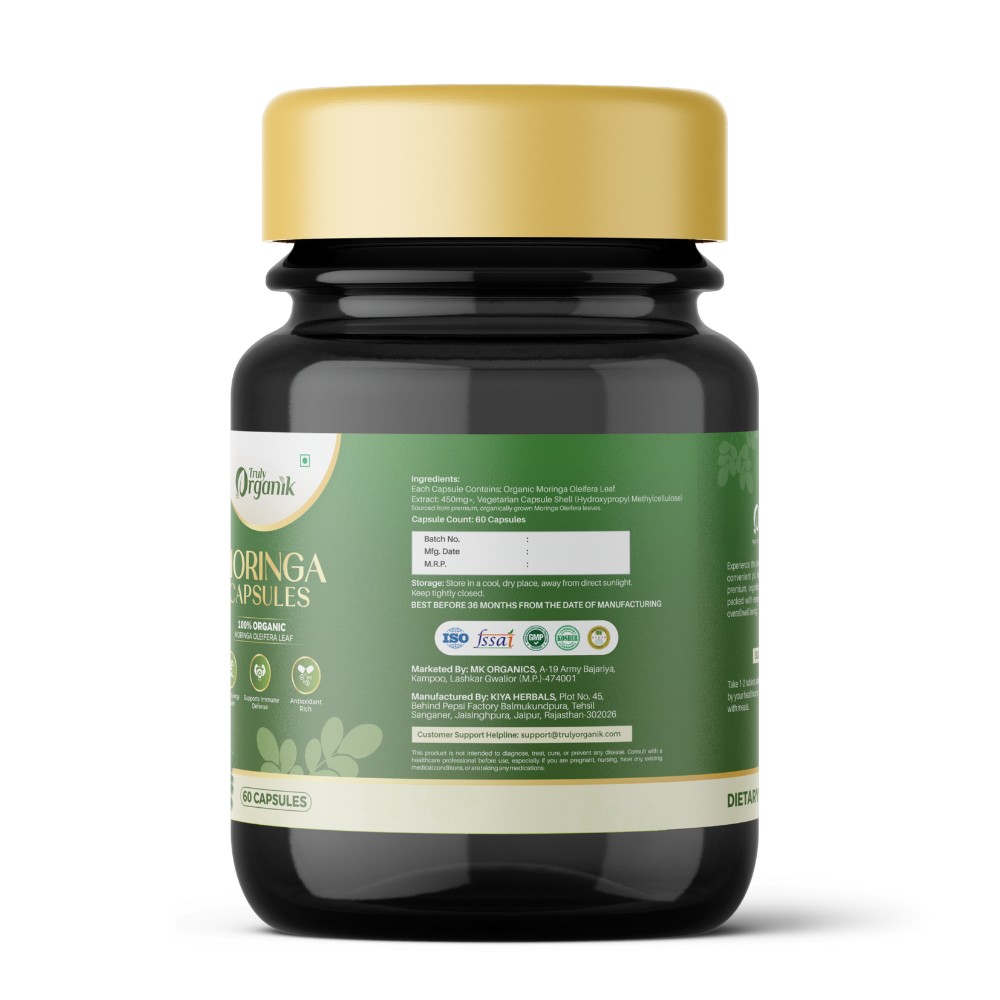 Truly Organik Moringa Capsules on yellow backdrop