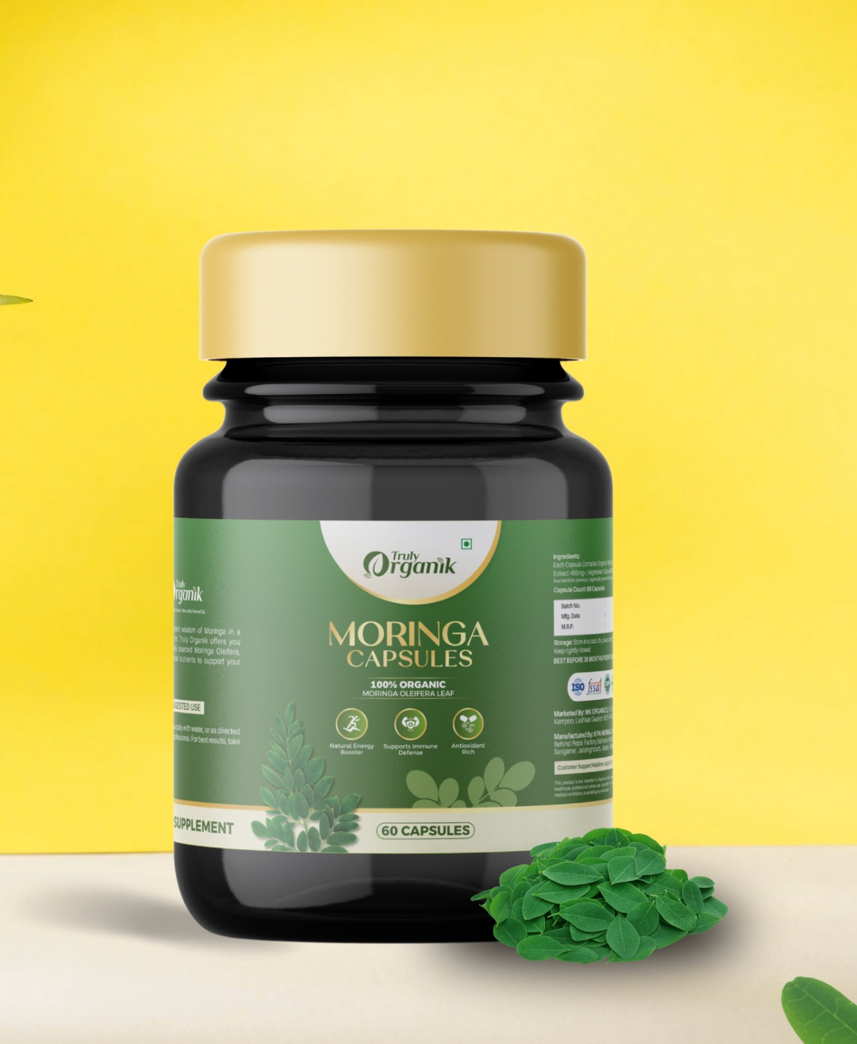 Truly Organik — Moringa Pills bottle in a mossy forest scene