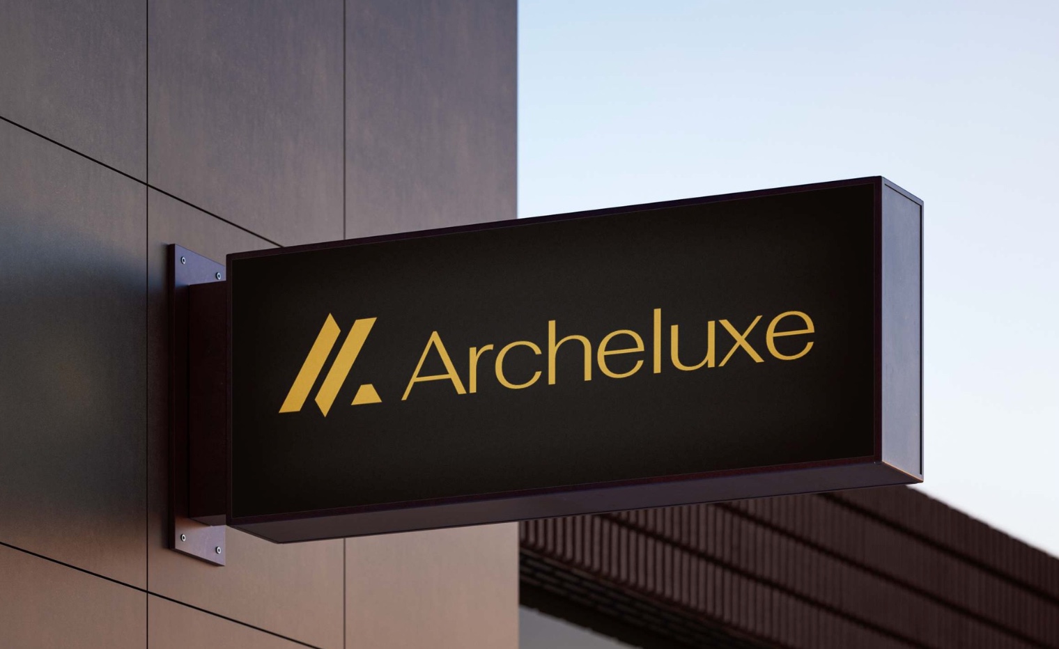 Archeluxe logo rendered as polished metallic 3D letters on a dark textured wall