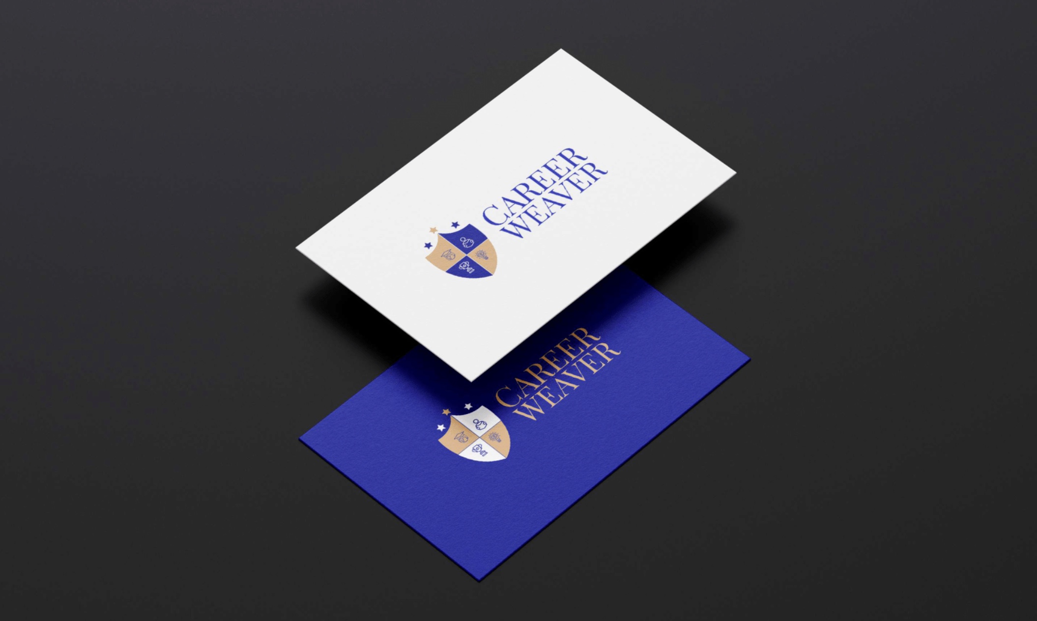 Career Weaver business cards in white and deep blue with gold foil wordmark on dark surface