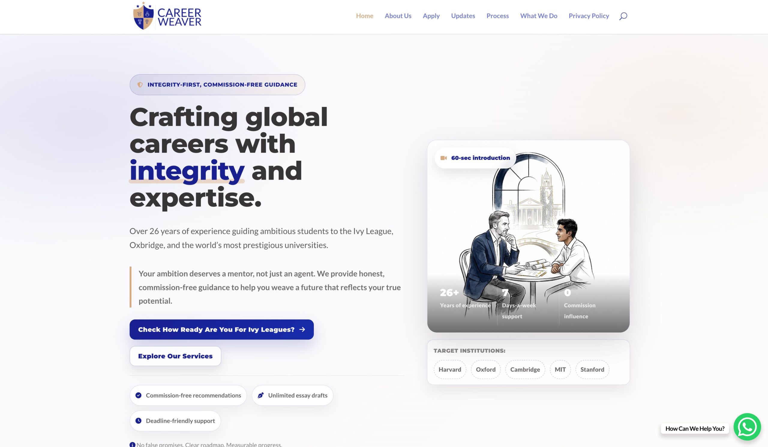 Career Weaver website homepage on desktop — hero section with the tagline, founder photo, and primary calls to action
