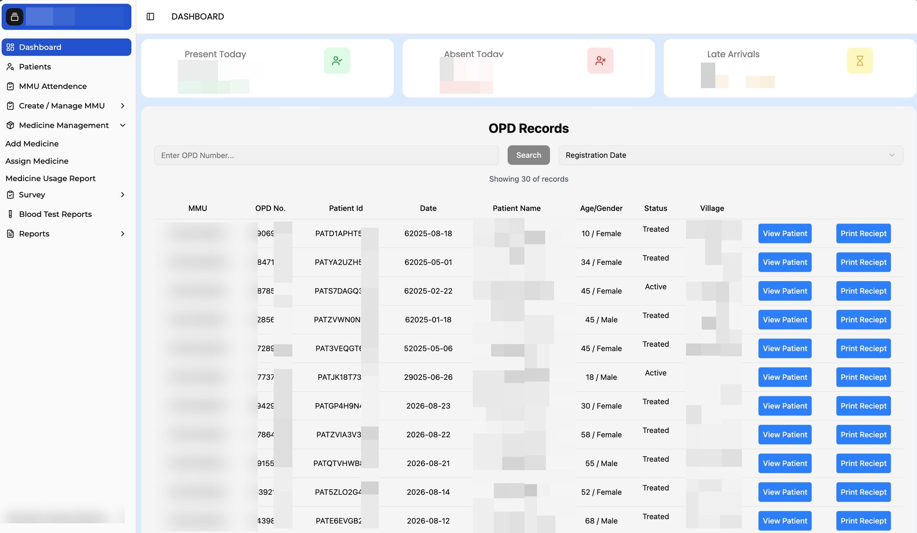 Aarogya Sarthi dashboard with live OPD records