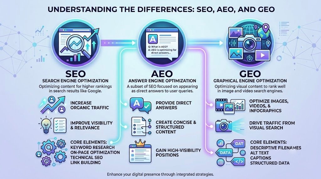What Is the Difference Between SEO, AEO, and GEO?